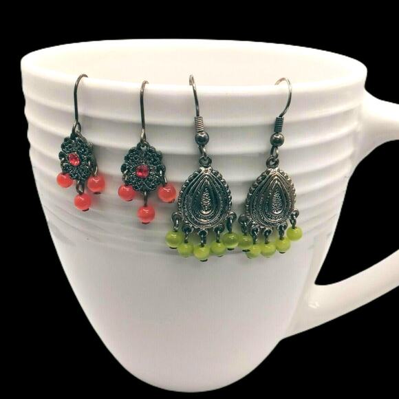 🟠🟢 Ombre Beaded Chandelier Earrings 💚🧡 Retro Spring Dangle 2Pr - Picture 1 of 9